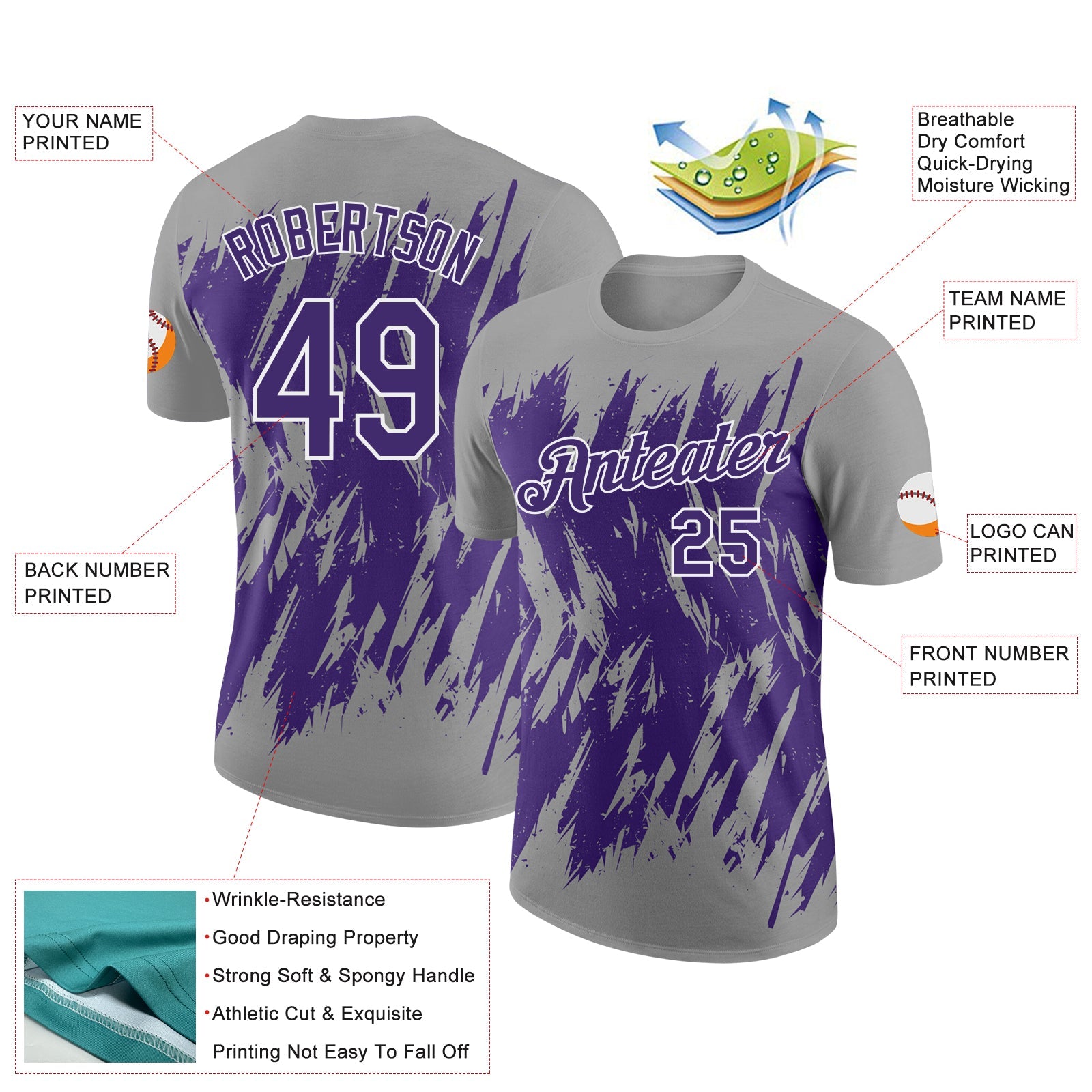 Custom Gray Purple-White Torn Sharp Brush Stroke Splatter Performance T-Shirt