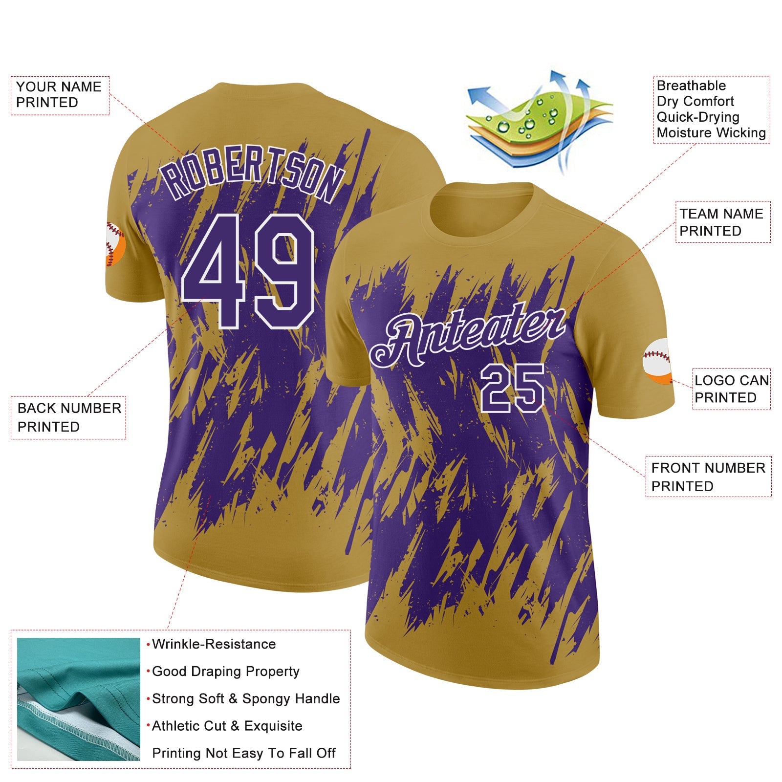 Custom Old Gold Purple-White Torn Sharp Brush Stroke Splatter Performance T-Shirt