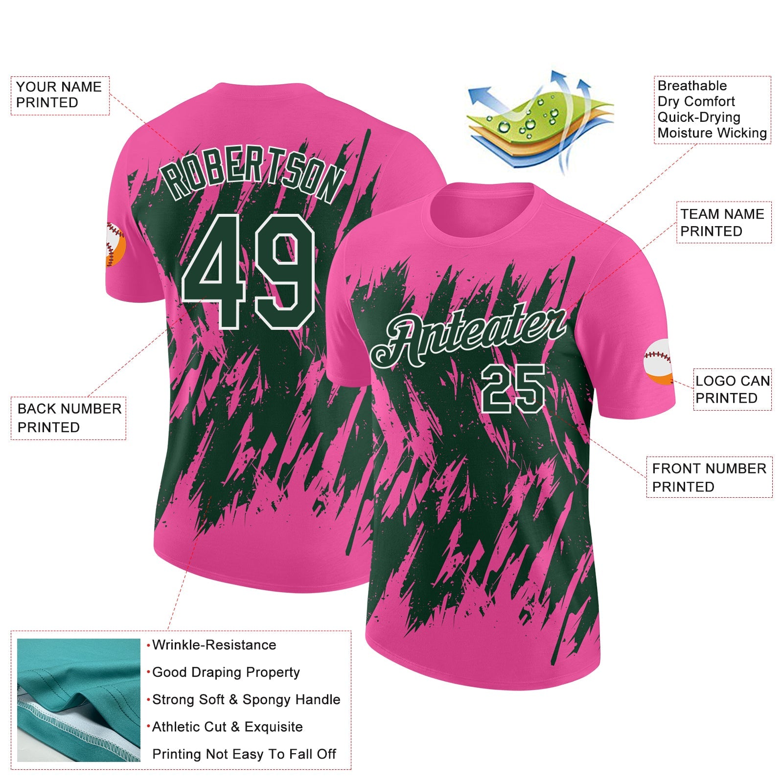 Custom Pink Green-White Torn Sharp Brush Stroke Splatter Performance T-Shirt