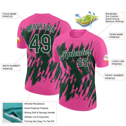 Custom Pink Green-White Torn Sharp Brush Stroke Splatter Performance T-Shirt