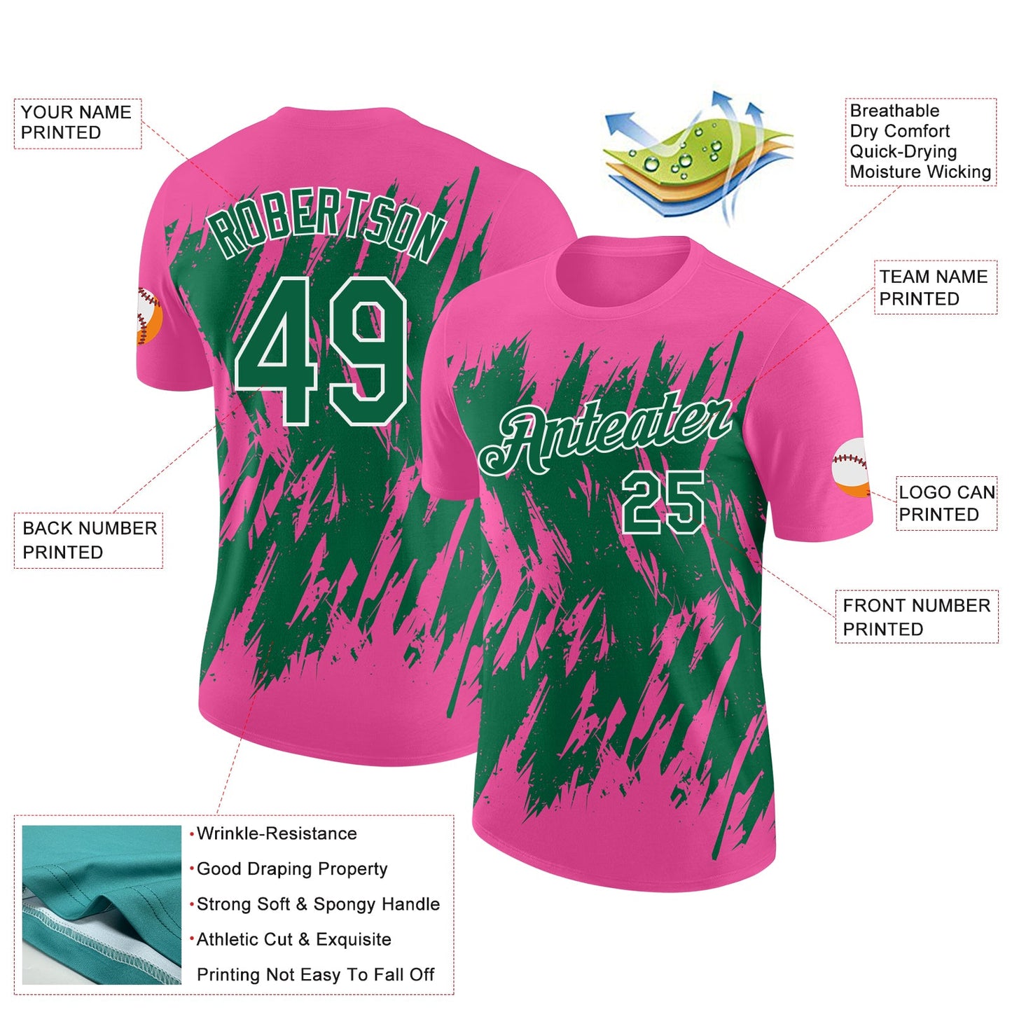 Custom Pink Kelly Green-White Torn Sharp Brush Stroke Splatter Performance T-Shirt