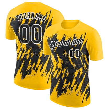 Custom Yellow Black-White Torn Sharp Brush Stroke Splatter Performance T-Shirt