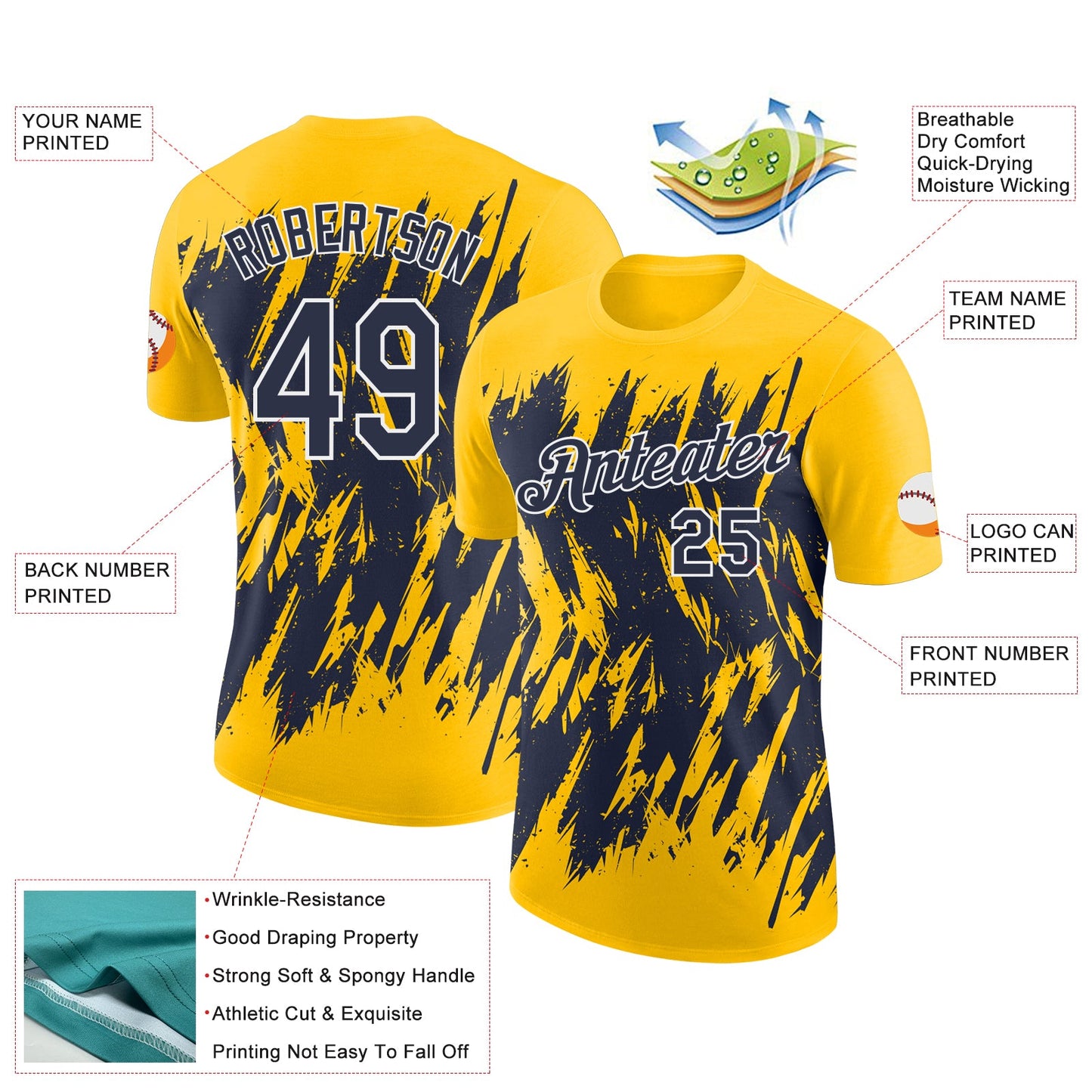 Custom Yellow Navy-White Torn Sharp Brush Stroke Splatter Performance T-Shirt