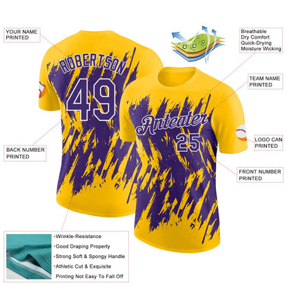 Custom Yellow Purple-White Torn Sharp Brush Stroke Splatter Performance T-Shirt