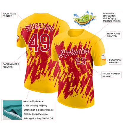Custom Yellow Red-White Torn Sharp Brush Stroke Splatter Performance T-Shirt