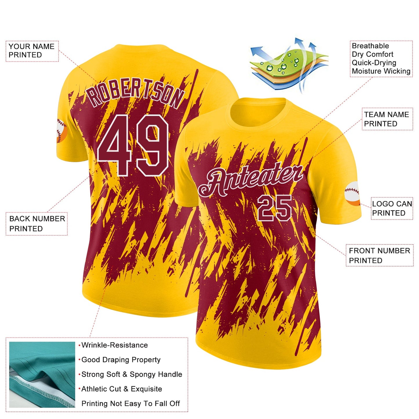 Custom Yellow Crimson-White Torn Sharp Brush Stroke Splatter Performance T-Shirt