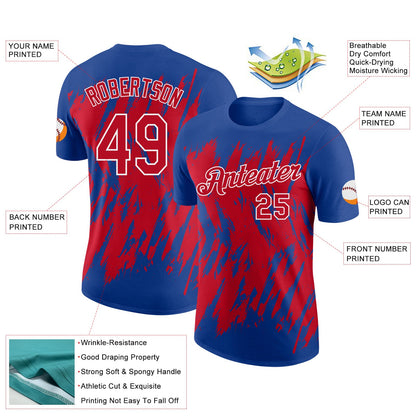 Custom Royal Red-White Torn Sharp Brush Stroke Splatter Performance T-Shirt