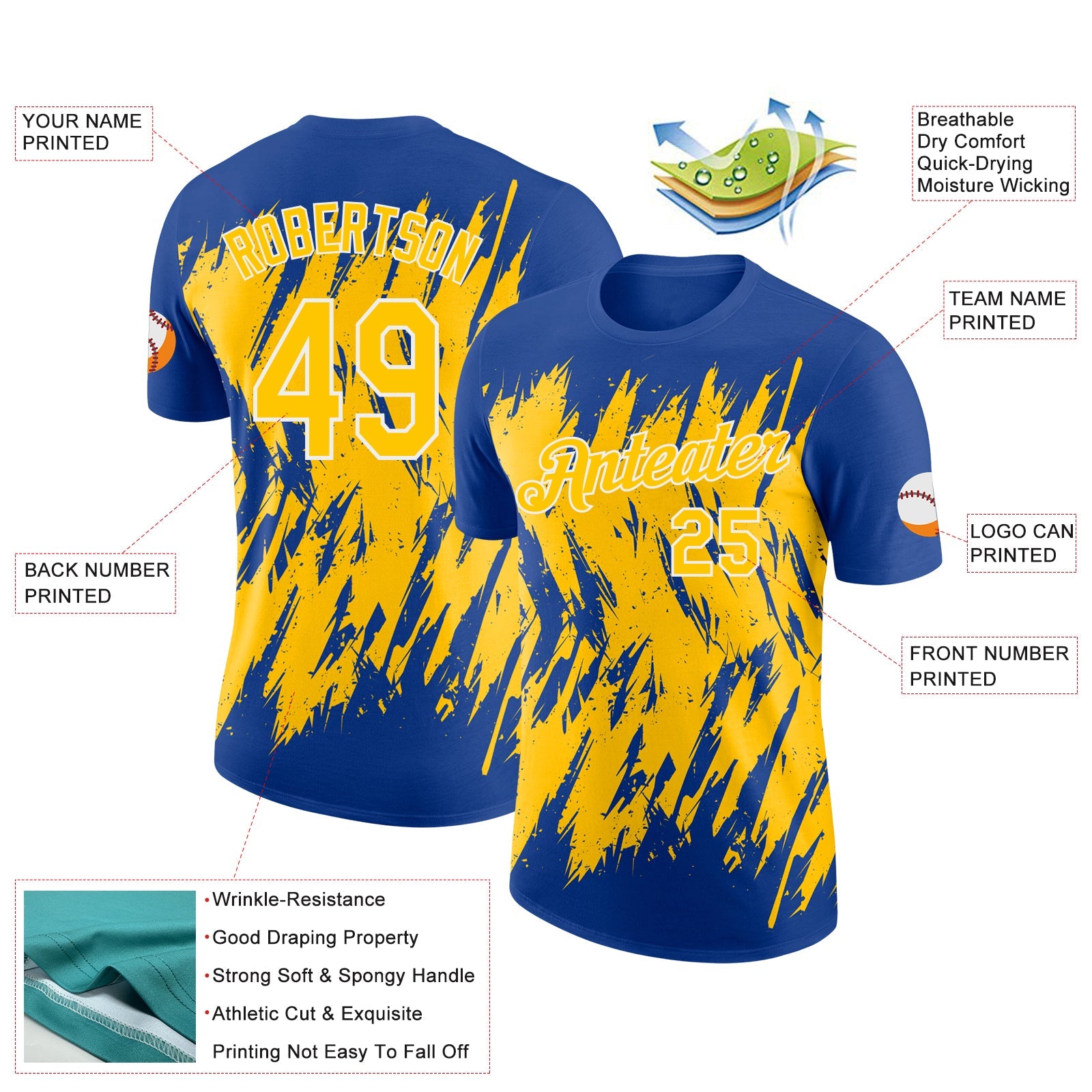 Custom Royal Yellow-White Torn Sharp Brush Stroke Splatter Performance T-Shirt