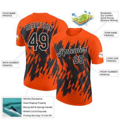 Custom Orange Black-White Torn Sharp Brush Stroke Splatter Performance T-Shirt