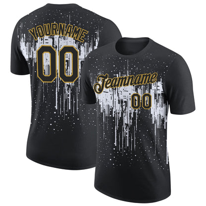 Custom Black White-Old Gold Dripping Splatter Paint Performance T-Shirt
