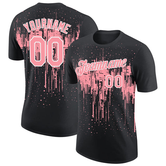 Custom Black Medium Pink-White Dripping Splatter Paint Performance T-Shirt