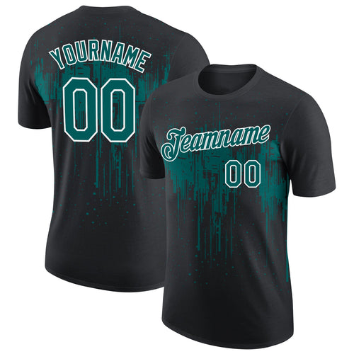 Custom Black Teal-White Dripping Splatter Paint Performance T-Shirt