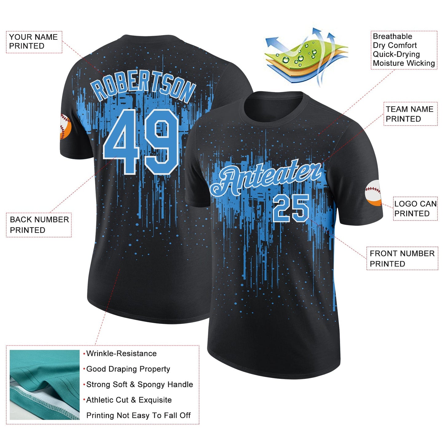 Custom Black Powder Blue-White Dripping Splatter Paint Performance T-Shirt