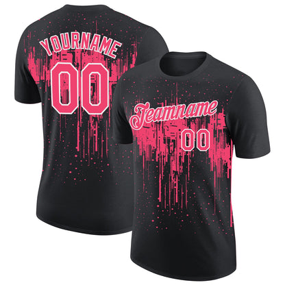 Custom Black Neon Pink-White Dripping Splatter Paint Performance T-Shirt