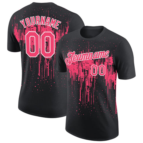 Custom Black Neon Pink-White Dripping Splatter Paint Performance T-Shirt