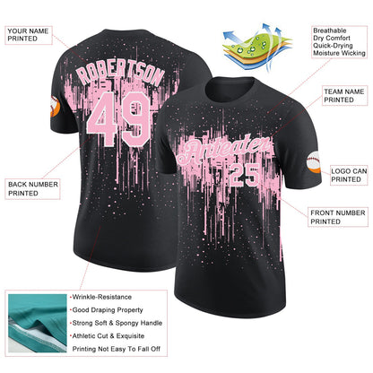 Custom Black Light Pink-White Dripping Splatter Paint Performance T-Shirt