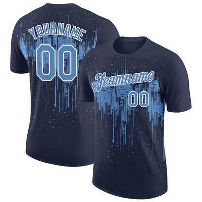 Custom Navy Light Blue-White Dripping Splatter Paint Performance T-Shirt