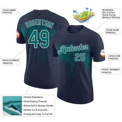 Custom Navy Teal-White Dripping Splatter Paint Performance T-Shirt