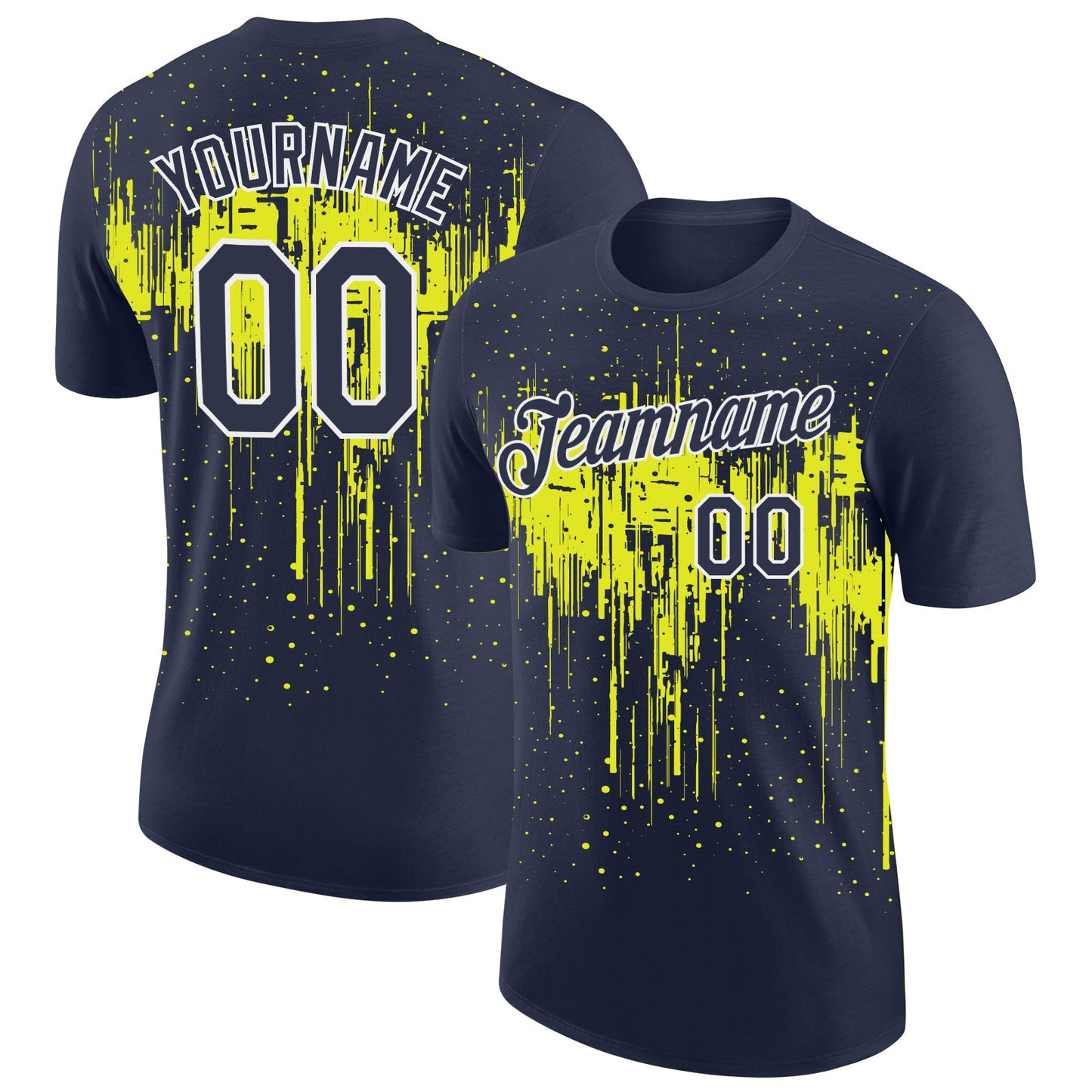Custom Navy Neon Yellow-White Dripping Splatter Paint Performance T-Shirt