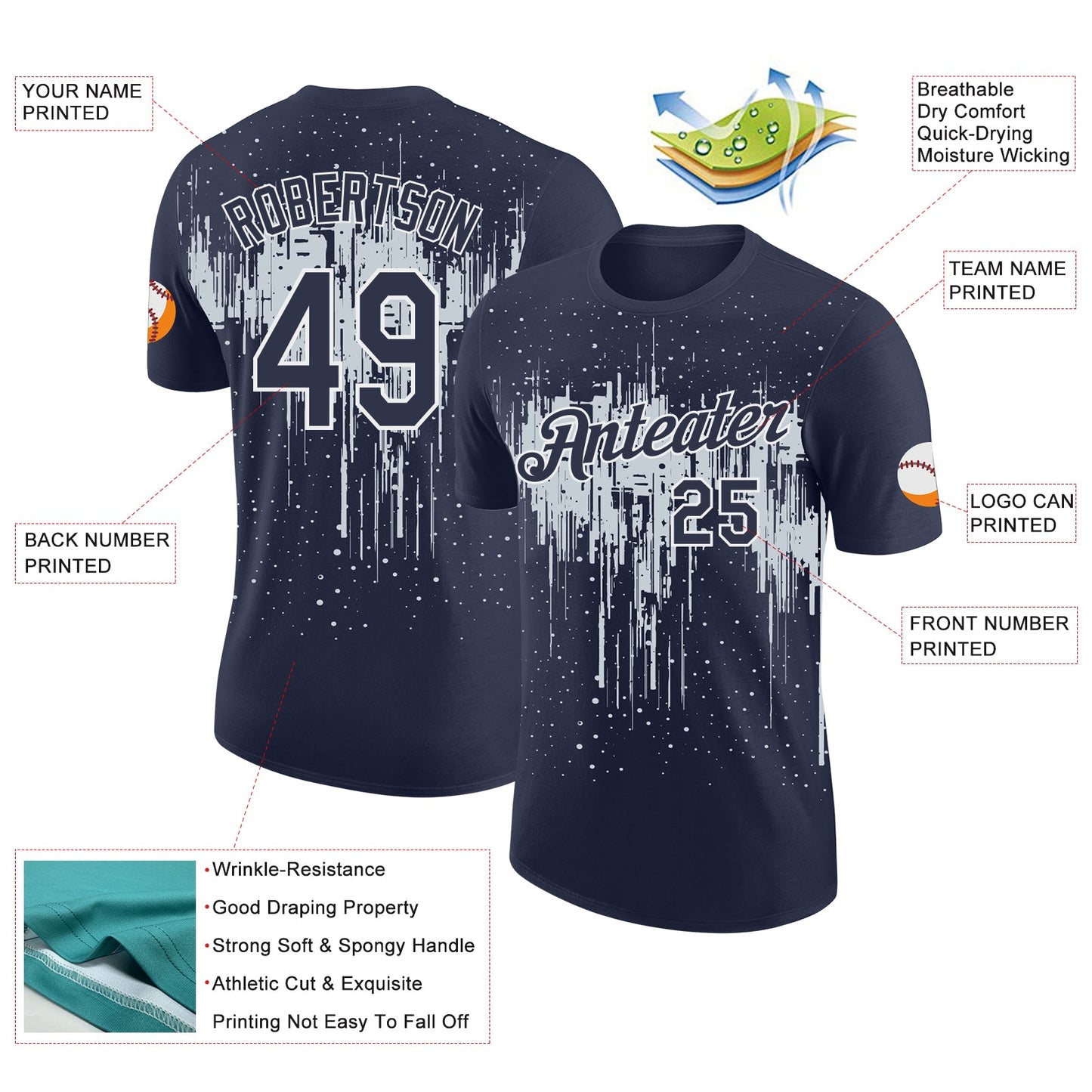 Custom Navy Silver-White Dripping Splatter Paint Performance T-Shirt