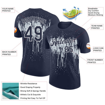Custom Navy Silver-White Dripping Splatter Paint Performance T-Shirt