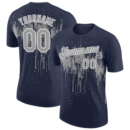 Custom Navy Gray-White Dripping Splatter Paint Performance T-Shirt