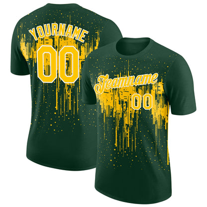 Custom Green Yellow-White Dripping Splatter Paint Performance T-Shirt