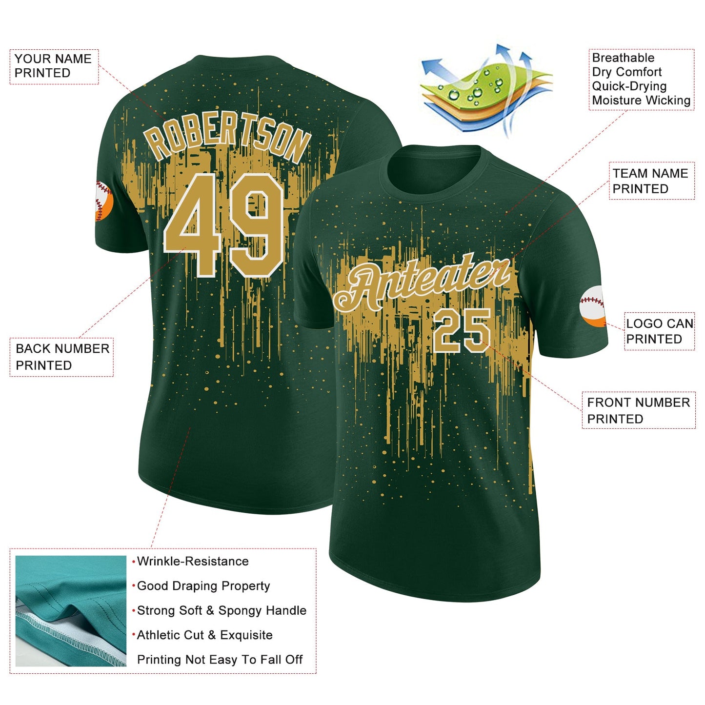 Custom Green Old Gold-White Dripping Splatter Paint Performance T-Shirt
