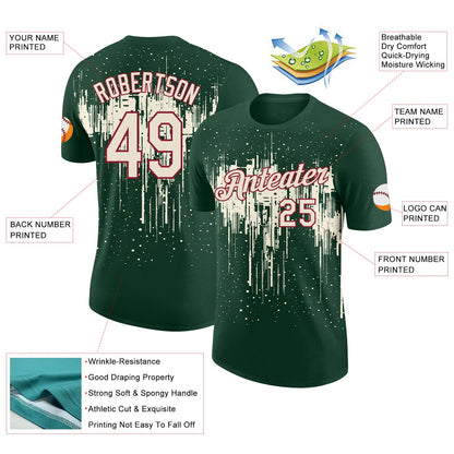 Custom Green Cream-Crimson Dripping Splatter Paint Performance T-Shirt