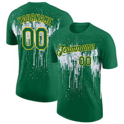 Custom Kelly Green White-Yellow Dripping Splatter Paint Performance T-Shirt