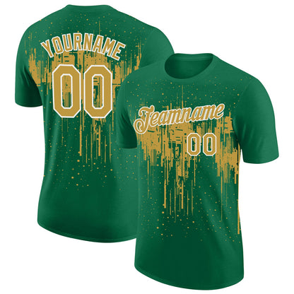 Custom Kelly Green Old Gold-White Dripping Splatter Paint Performance T-Shirt