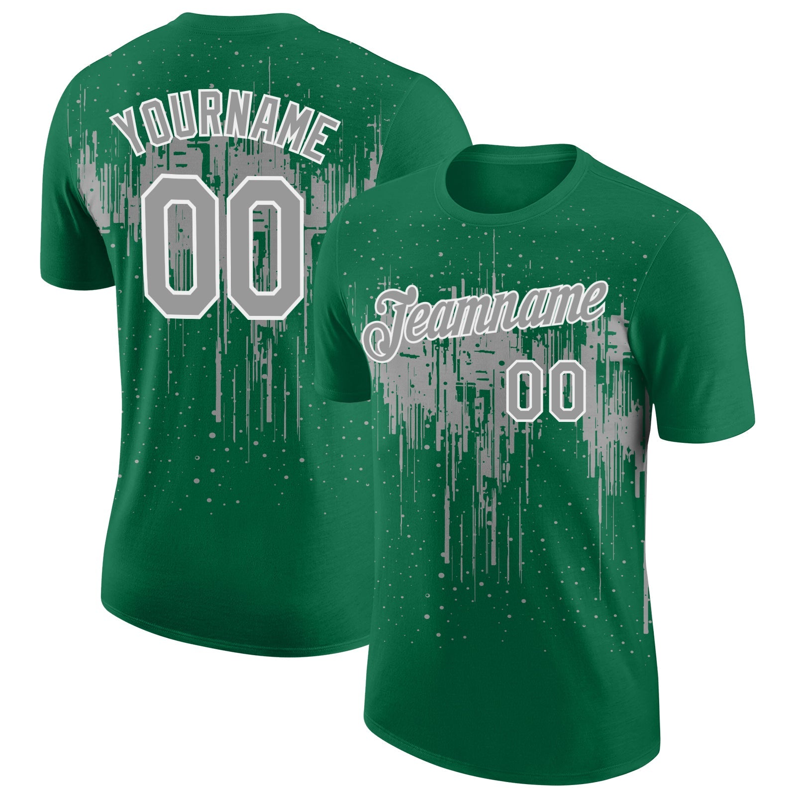 Custom Kelly Green Gray-White Dripping Splatter Paint Performance T-Shirt