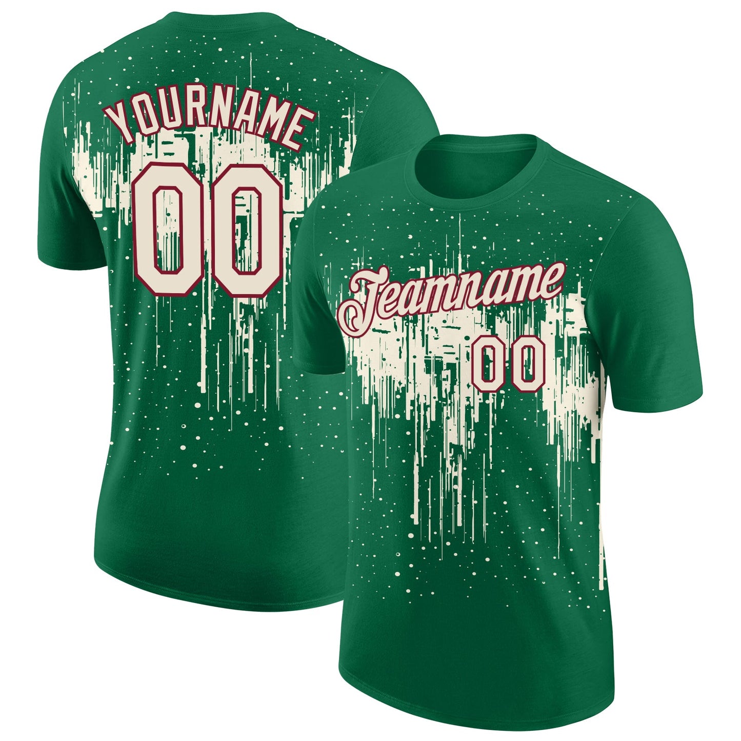 Custom Kelly Green Cream-Crimson Dripping Splatter Paint Performance T-Shirt