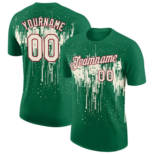 Custom Kelly Green Cream-Crimson Dripping Splatter Paint Performance T-Shirt