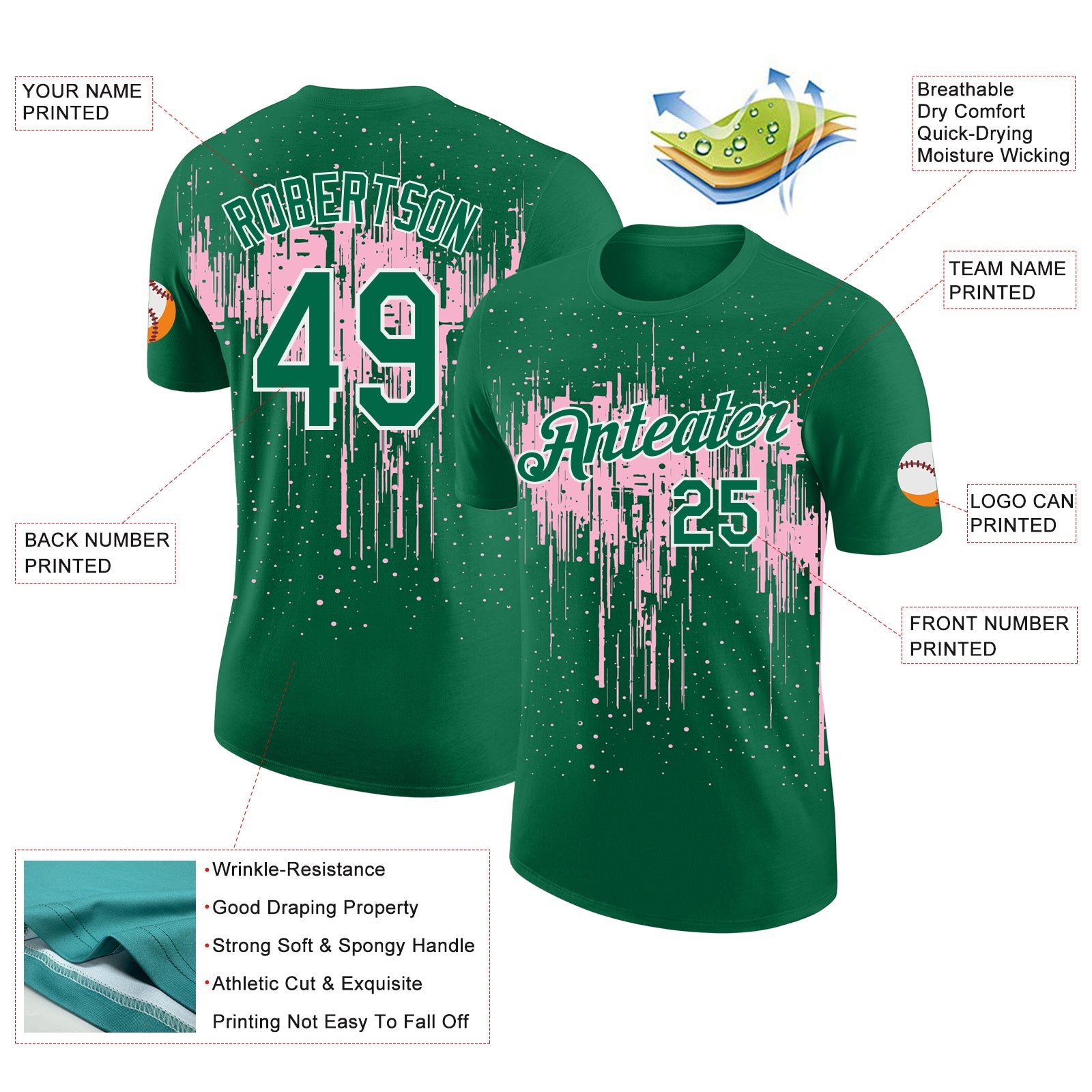 Custom Kelly Green Light Pink-White Dripping Splatter Paint Performance T-Shirt