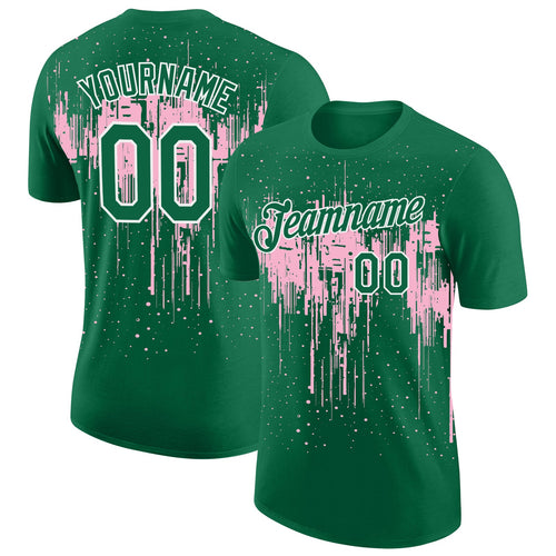 Custom Kelly Green Light Pink-White Dripping Splatter Paint Performance T-Shirt