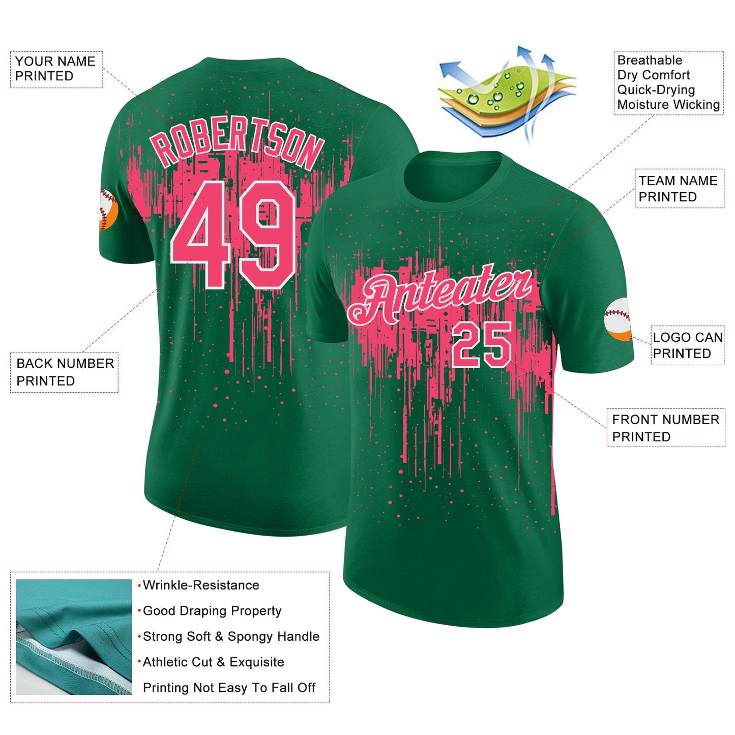 Custom Kelly Green Neon Pink-White Dripping Splatter Paint Performance T-Shirt