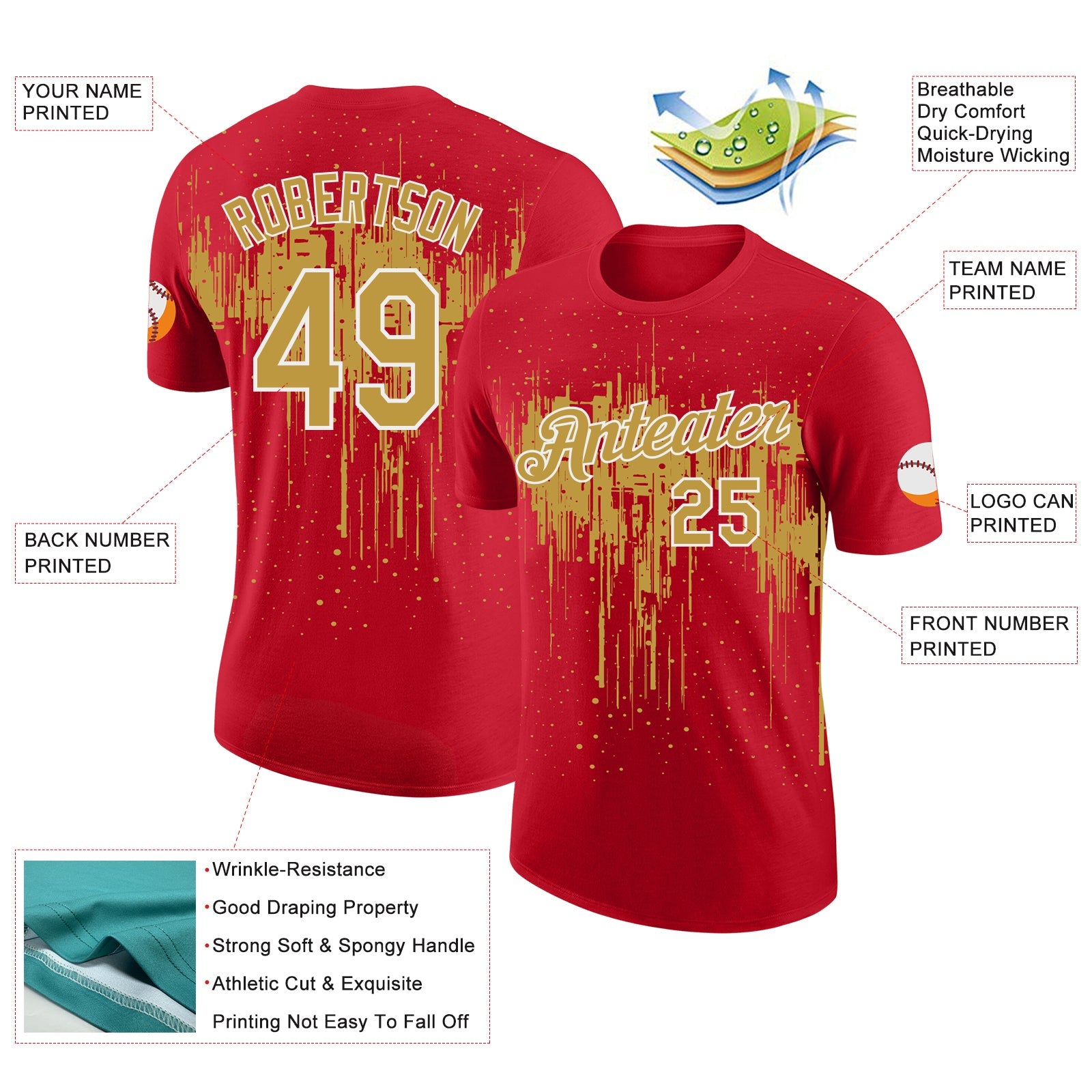 Custom Red Old Gold-White Dripping Splatter Paint Performance T-Shirt