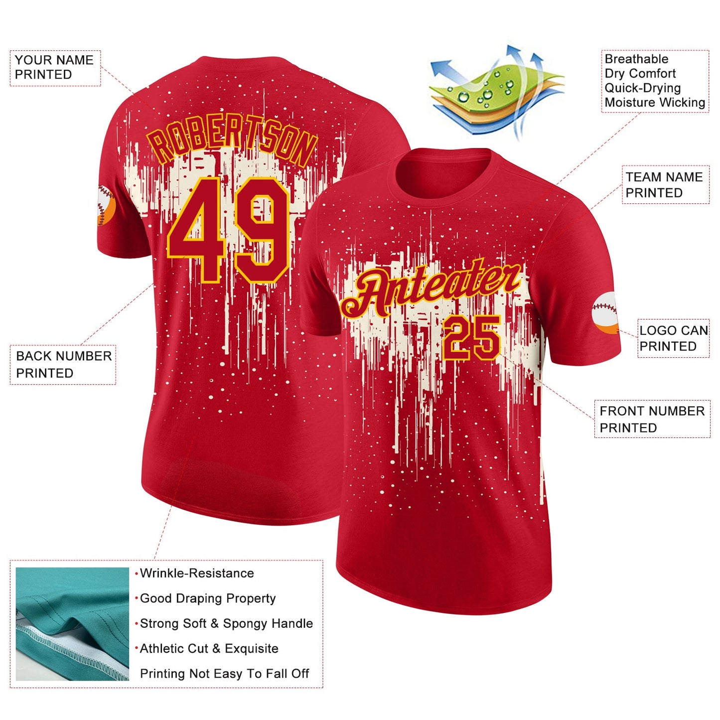 Custom Red Cream-Yellow Dripping Splatter Paint Performance T-Shirt