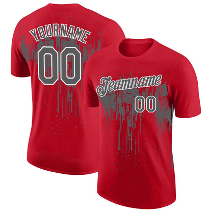 Custom Red Steel Gray-White Dripping Splatter Paint Performance T-Shirt