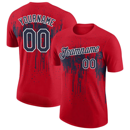Custom Red Navy-White Dripping Splatter Paint Performance T-Shirt