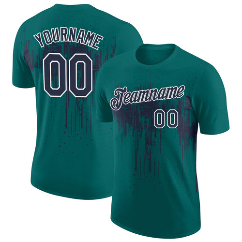 Custom Teal Navy-White Dripping Splatter Paint Performance T-Shirt