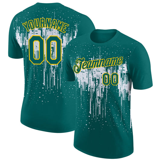 Custom Teal White-Yellow Dripping Splatter Paint Performance T-Shirt