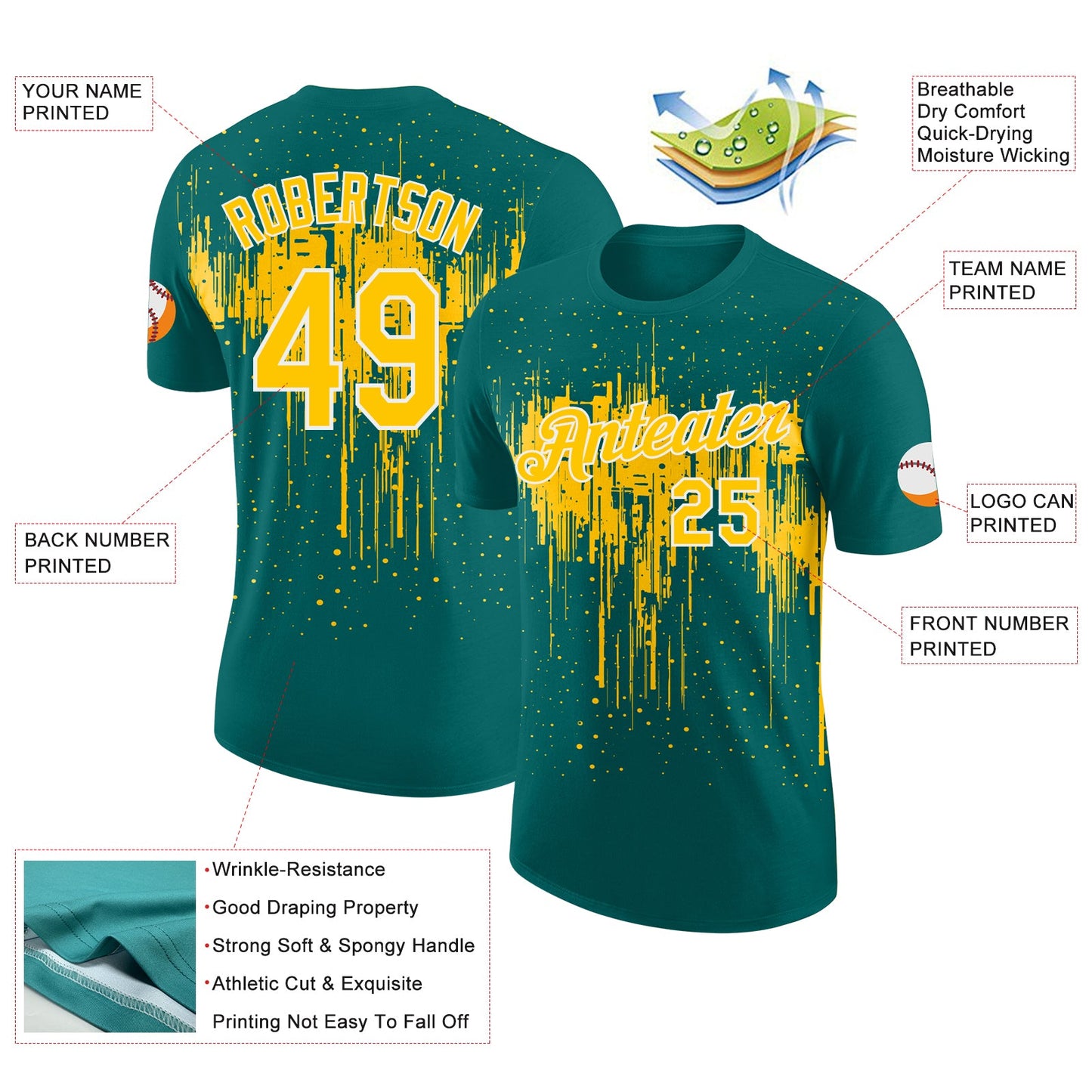 Custom Teal Yellow-White Dripping Splatter Paint Performance T-Shirt