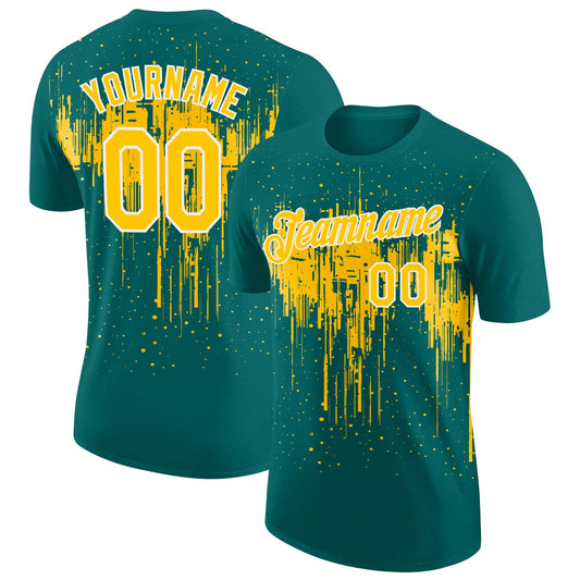 Custom Teal Yellow-White Dripping Splatter Paint Performance T-Shirt