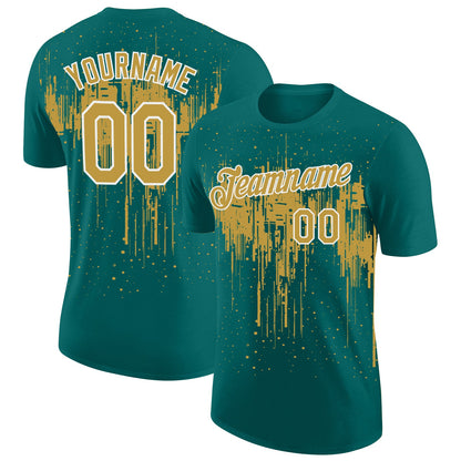 Custom Teal Old Gold-White Dripping Splatter Paint Performance T-Shirt