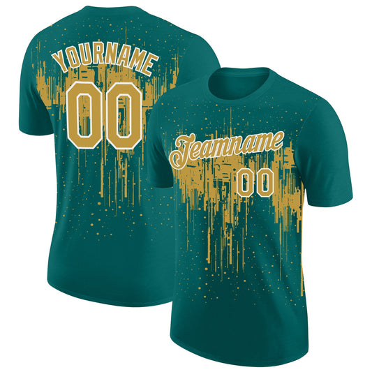 Custom Teal Old Gold-White Dripping Splatter Paint Performance T-Shirt