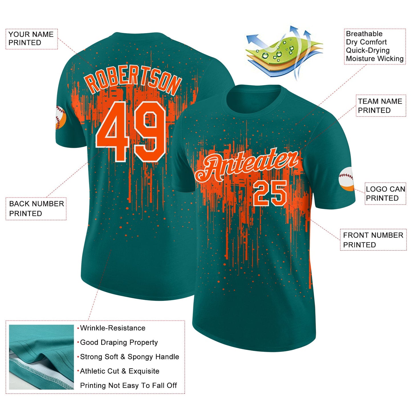 Custom Teal Orange-White Dripping Splatter Paint Performance T-Shirt