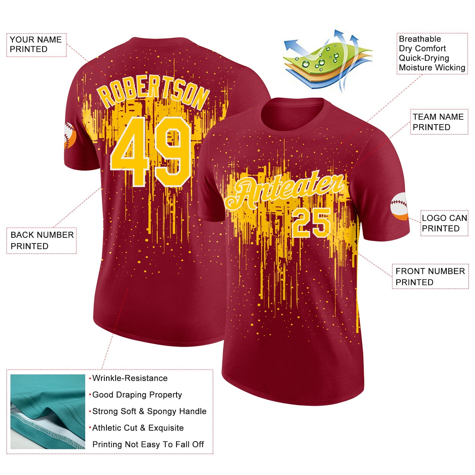Custom Crimson Yellow-White Dripping Splatter Paint Performance T-Shirt