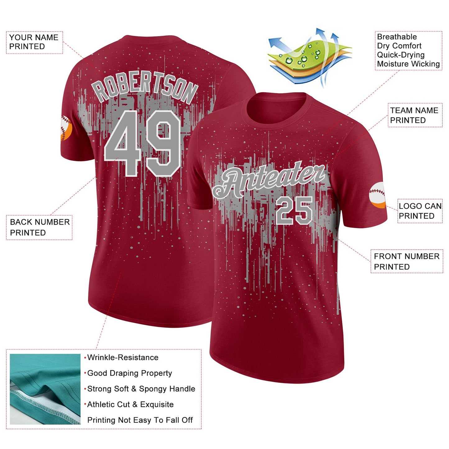 Custom Crimson Gray-White Dripping Splatter Paint Performance T-Shirt